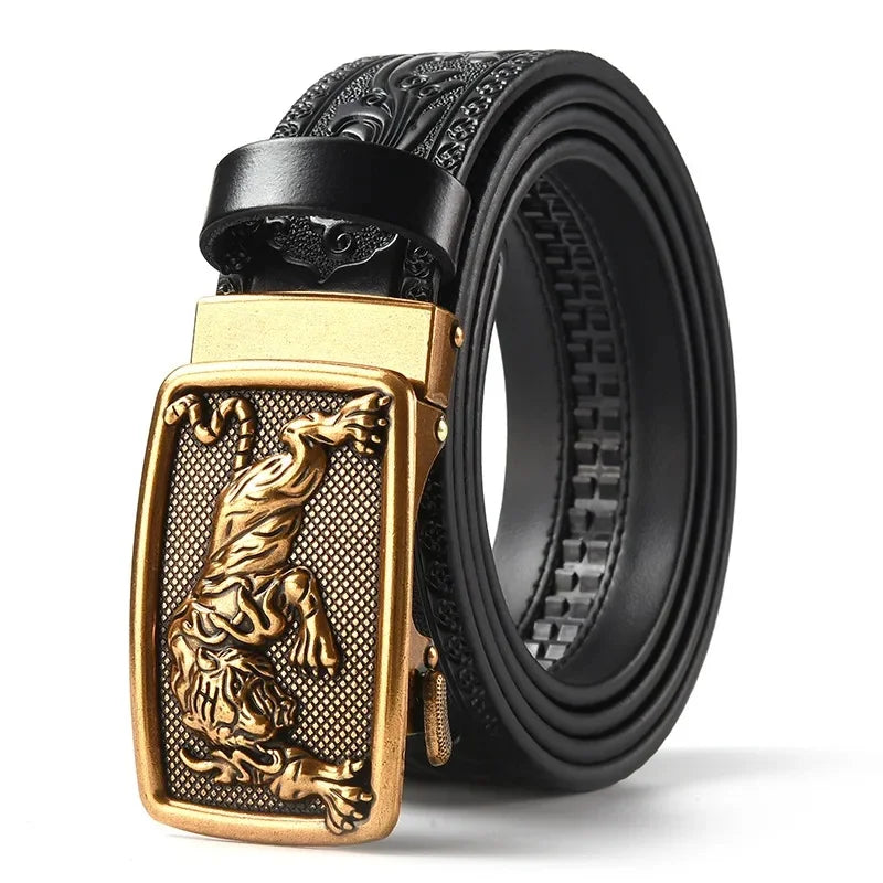 Men'S Casual Leather Belt Carving Flowers Vintage Style Automatic Buckle Hip Hop Snake Wolf King Tiger Fashion Accessories
