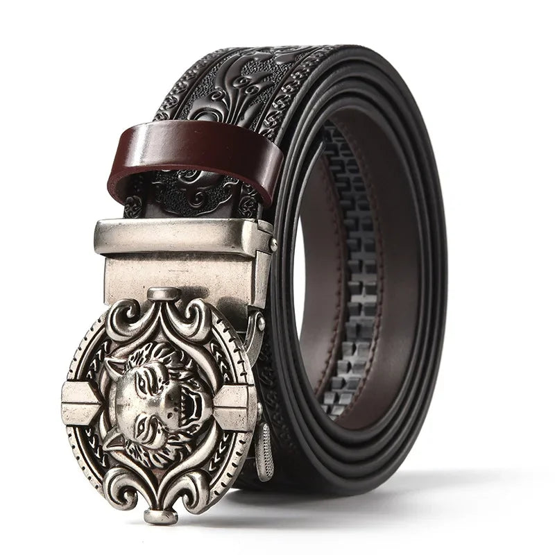 Men'S Casual Leather Belt Carving Flowers Vintage Style Automatic Buckle Hip Hop Snake Wolf King Tiger Fashion Accessories