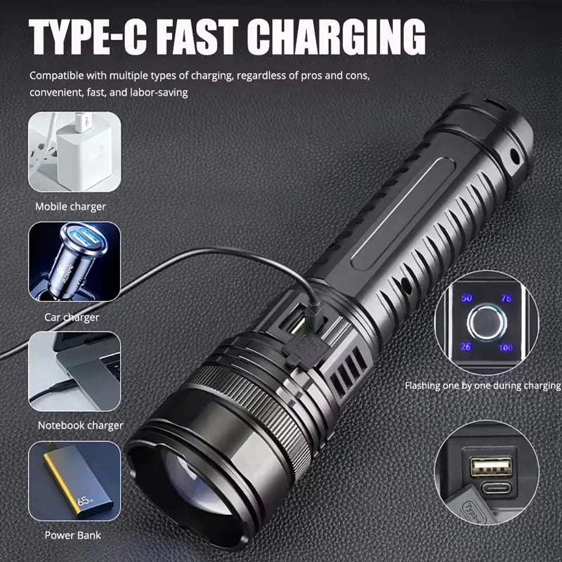 Lampe Torche Tactique Ultra-Puissante 1500W – Portée 5km, LED, Batterie Intégrée