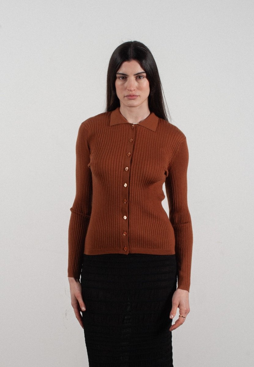 Chemise col polo manches longues en cachemire et laine ultrafin marron clair - FRIDA 4