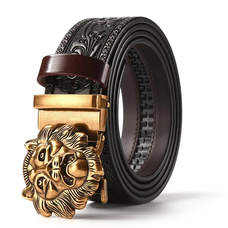Men'S Casual Leather Belt Carving Flowers Vintage Style Automatic Buckle Hip Hop Snake Wolf King Tiger Fashion Accessories