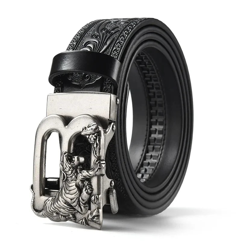 Men'S Casual Leather Belt Carving Flowers Vintage Style Automatic Buckle Hip Hop Snake Wolf King Tiger Fashion Accessories
