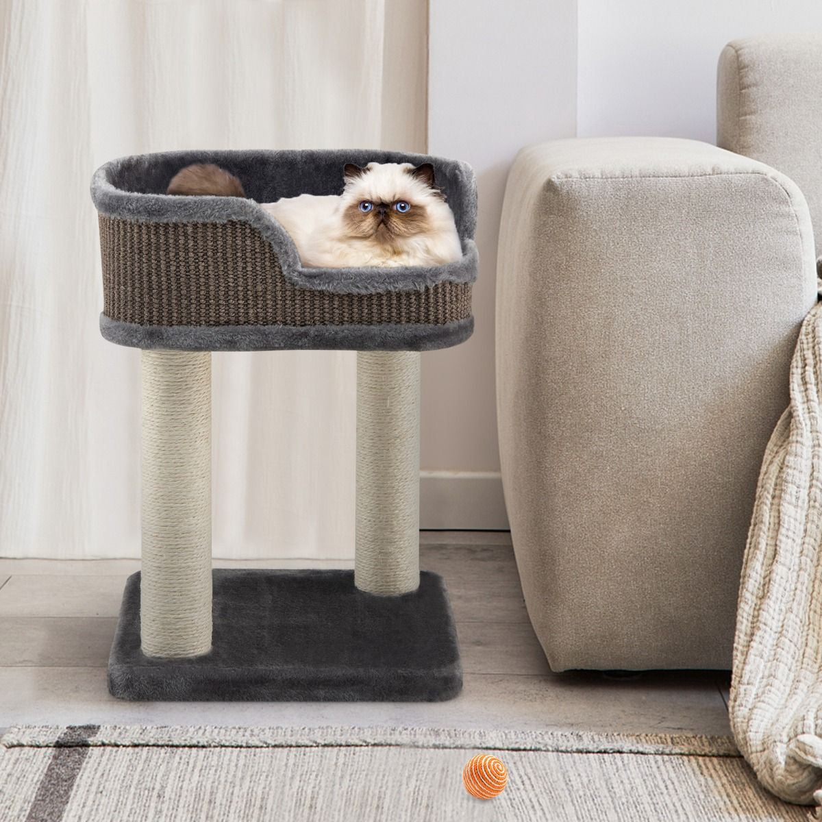 Tour D'Arbre À Chat Compacte Avec Perchoir En Peluche Et Griffoirs Pour Se Faire Ses Griffes Gris/Beige
