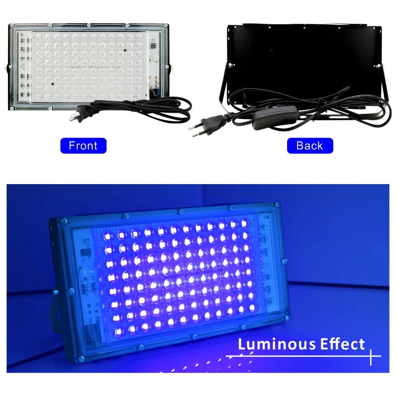 Led UV Floodlight 110V 220V 50W 100W Party Light 395Nm 400Nm IP65 Waterproof Ultraviolet Fluorescent Stage Lamp with US/EU Plug