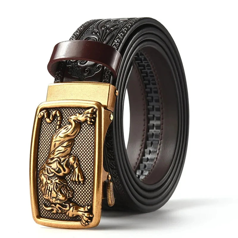 Men'S Casual Leather Belt Carving Flowers Vintage Style Automatic Buckle Hip Hop Snake Wolf King Tiger Fashion Accessories