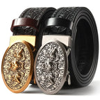 Men'S Casual Leather Belt Carving Flowers Vintage Style Automatic Buckle Hip Hop Snake Wolf King Tiger Fashion Accessories