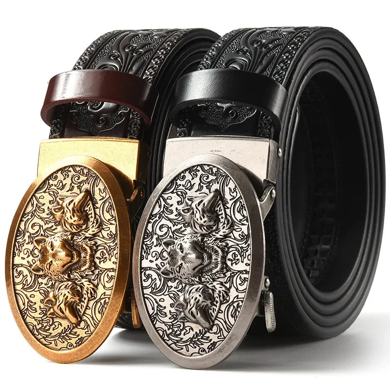 Men'S Casual Leather Belt Carving Flowers Vintage Style Automatic Buckle Hip Hop Snake Wolf King Tiger Fashion Accessories