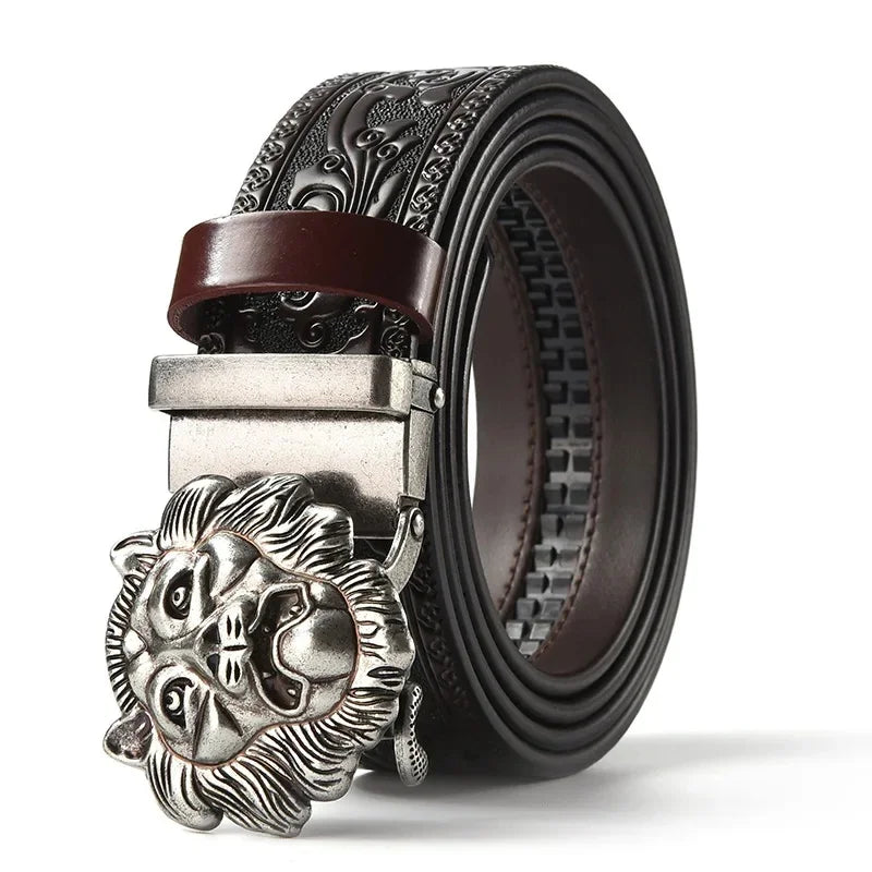 Men'S Casual Leather Belt Carving Flowers Vintage Style Automatic Buckle Hip Hop Snake Wolf King Tiger Fashion Accessories