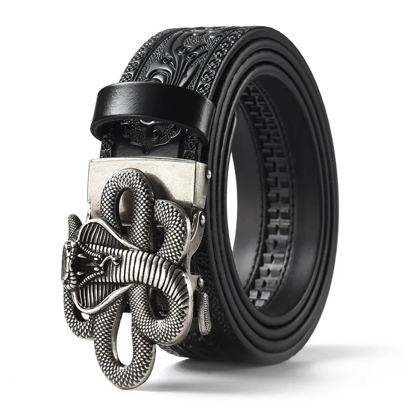Men'S Casual Leather Belt Carving Flowers Vintage Style Automatic Buckle Hip Hop Snake Wolf King Tiger Fashion Accessories