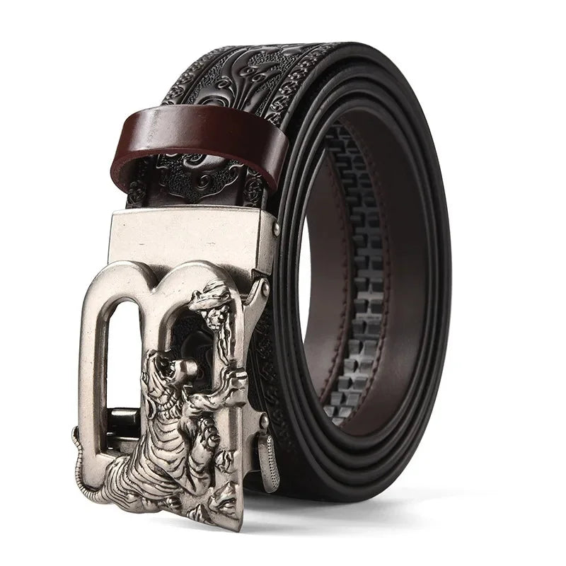 Men'S Casual Leather Belt Carving Flowers Vintage Style Automatic Buckle Hip Hop Snake Wolf King Tiger Fashion Accessories