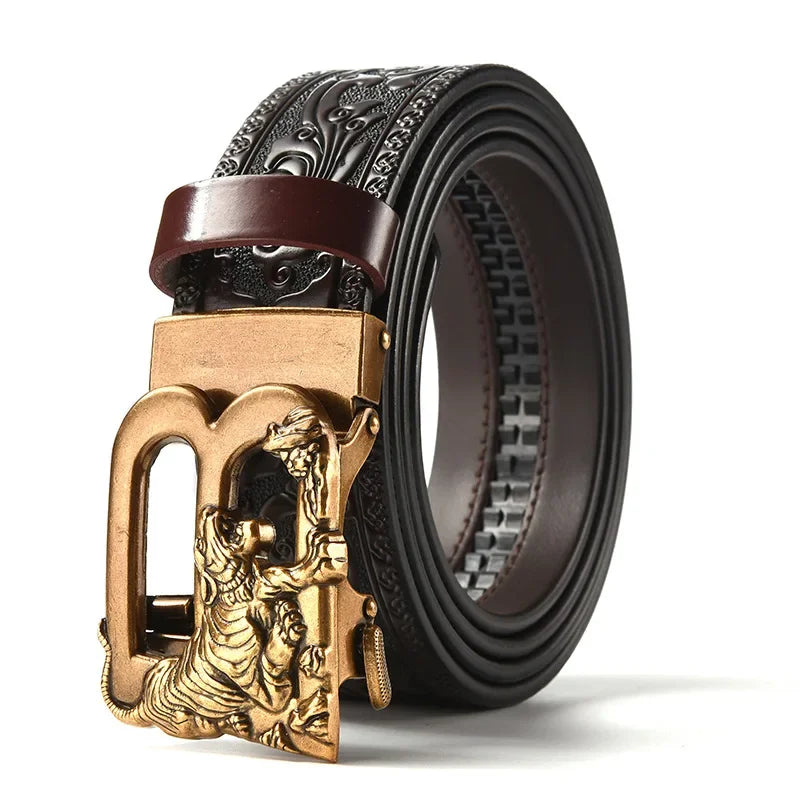 Men'S Casual Leather Belt Carving Flowers Vintage Style Automatic Buckle Hip Hop Snake Wolf King Tiger Fashion Accessories