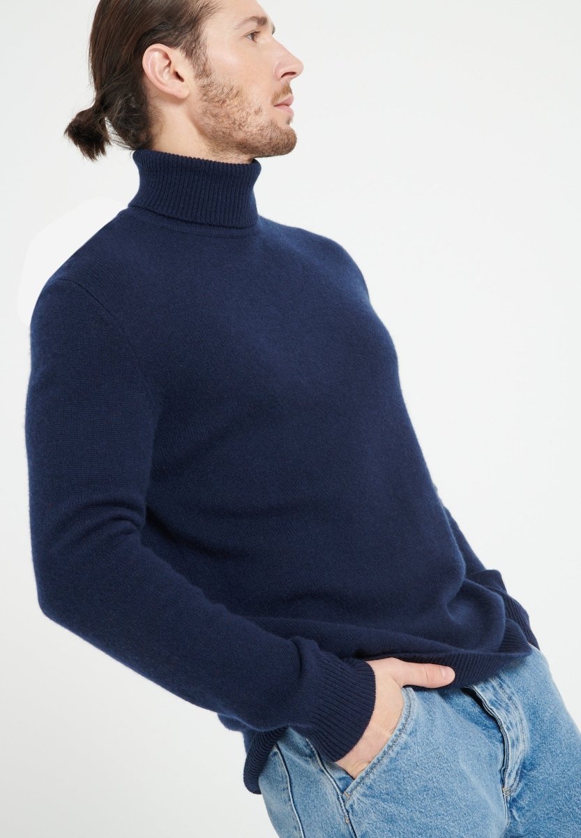 Pull col roulé homme en cachemire 4 fils bleu marine - LUKE 15